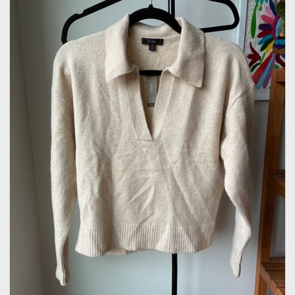 J. Crew NWT Tan Collared V-neck Wool-Alpaca Sweater in Supersoft Yarn - Size S - Picture 4 of 5